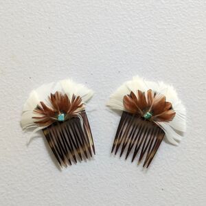 Set of Two Vintage Hair Combs with Feathers and Turquoise Southwest Handcrafted